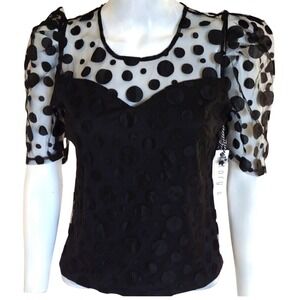 Story On Blouse Woman's S Black Poof Short Sleeves Mesh Polka Dots Crop